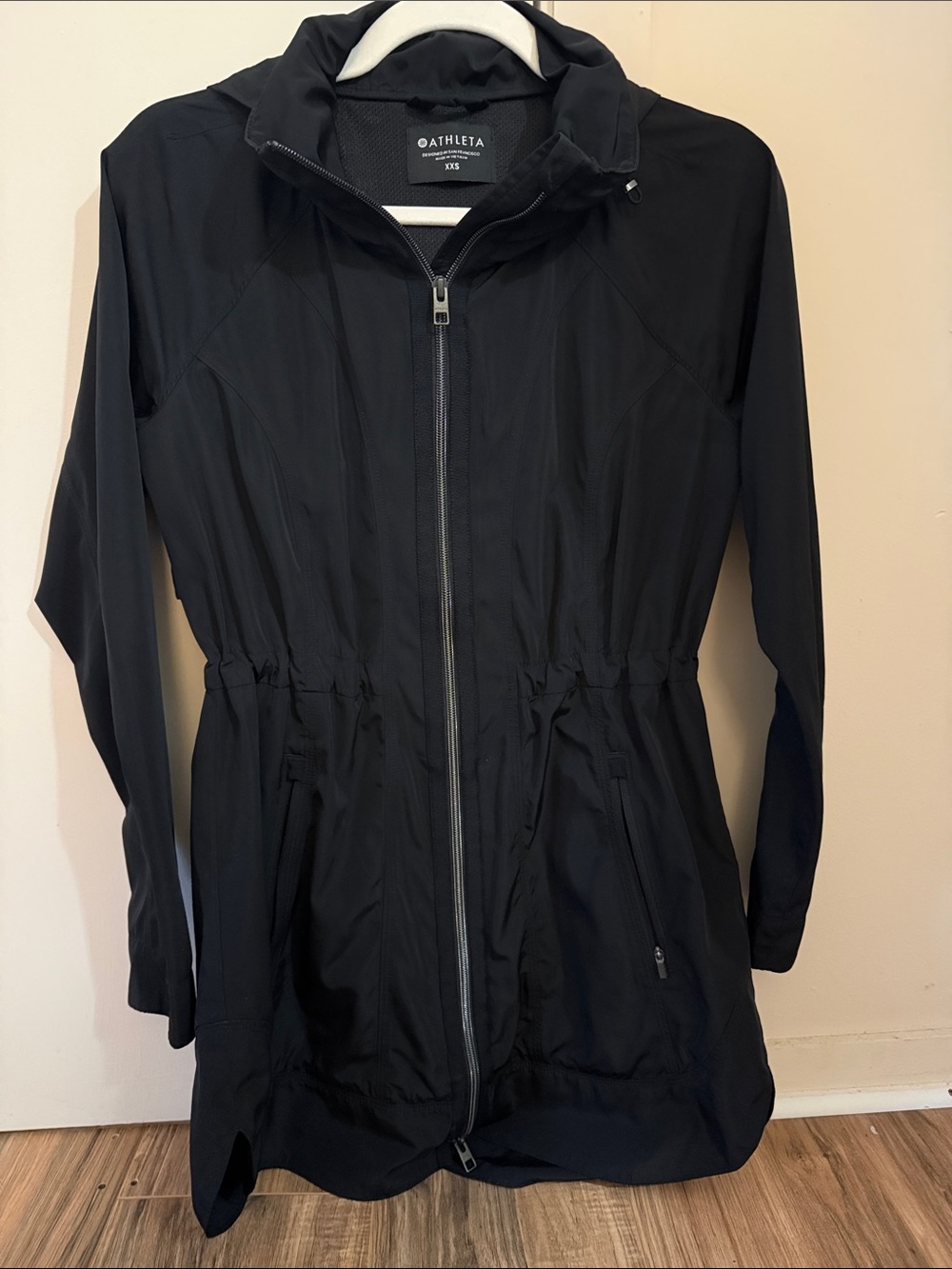 Athleta Black Hooded Drawstring Trench Coat